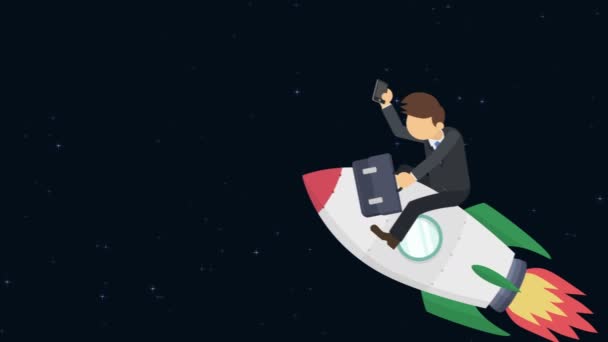 快乐的商人乘坐火箭穿过太空 跃进和创业的概念 循环动画风格 — 图库视频影像