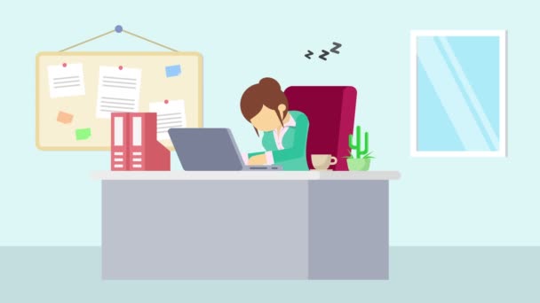 Empresaria Trabajando Oficina Cansado Dormido Animación Dibujos Animados Para Concepto — Vídeo de stock