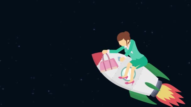 Feliz Mujer Negocios Volando Cohete Través Del Espacio Concepto Creación — Vídeos de Stock