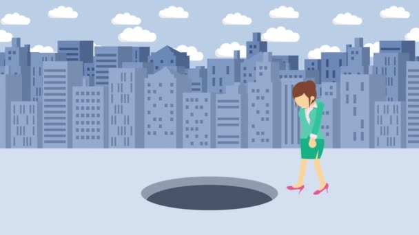 Безробітна Жінка Йде Пішки Впадає Отвір Великого Міста Метрополіс Будинки — стокове відео