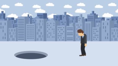 İş adamı yürüyor. Büyük şehrin çukuruna düş. Metropolis. Binalar. Kapana kısıldık. İş konsepti. Döngü canlandırması.