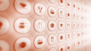 Bir dizi restoran ikonu. Restoran yemek takımı geçmişi. İş için çeşitli ikon koleksiyonları. Cg döngü canlandırması.