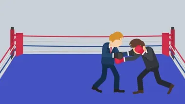 Boks ringinde birbirleriyle dövüşüyorlar. İş adamı savaşı boks eldiveni giyiyor. İş yarışması konsepti. Düz Döngü Canlandırması.