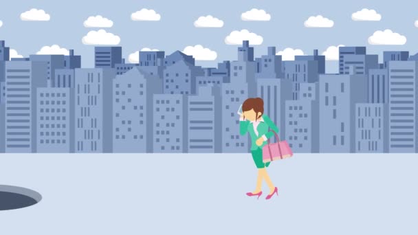Businesswoman Walking Jump Hole Big City Metropolis Buildings Get Caught — Stock Video