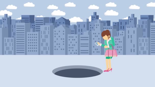 Businesswoman Walking Fall Hole Big City Metropolis Buildings Get Caught — Stock Video
