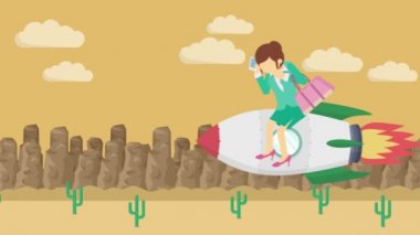 Karanlığın içinde roketle uçan mutlu iş kadını. Girişim, sıçrama ve girişimcilik konsepti. Döngü canlandırma biçimi.