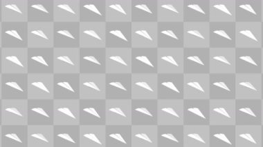 El yapımı kağıt uçak koleksiyonu. Gri arka planda akan beyaz kağıt uçağın animasyonu. İş bağlantısı konsepti. Origami uçağı uçuyor.
