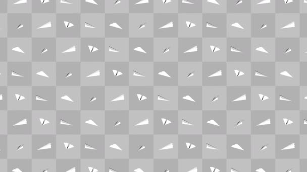 手作り紙飛行機コレクション 灰色の背景に白い紙飛行機を流れるのループアニメーション ビジネス接続の概念 折り紙飛行機飛行 — ストック動画