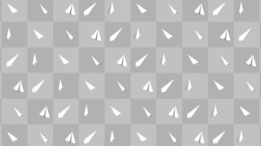 El yapımı kağıt uçak koleksiyonu. Gri arka planda akan beyaz kağıt uçağın animasyonu. İş bağlantısı konsepti. Origami uçağı uçuyor.