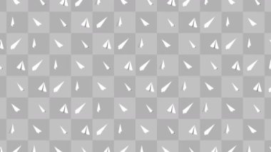 El yapımı kağıt uçak koleksiyonu. Gri arka planda akan beyaz kağıt uçağın animasyonu. İş bağlantısı konsepti. Origami uçağı uçuyor.