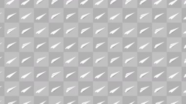 El yapımı kağıt uçak koleksiyonu. Gri arka planda akan beyaz kağıt uçağın animasyonu. İş bağlantısı konsepti. Origami uçağı uçuyor.