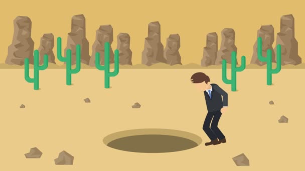 商人在走路 掉进山上的沙漠里去 Canyon 被夹在陷阱里商业概念 循环动画 — 图库视频影像
