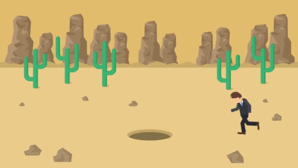 ビジネスマンが歩いてる丘の上の砂漠の穴を飛び越える キャニオン荒野だ罠にはまるんだビジネスコンセプト ループアニメーション — ストック動画