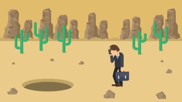 ビジネスマンが歩いてる丘の上の砂漠の穴に落ちる キャニオン荒野だ罠にはまるんだビジネスコンセプト ループアニメーション — ストック動画