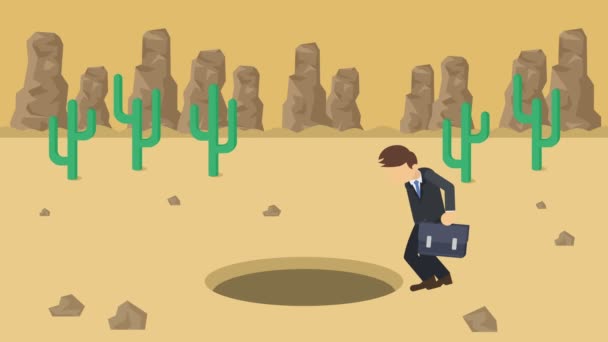 ビジネスマンが歩いてる丘の上の砂漠の穴に落ちる キャニオン荒野だ罠にはまるんだビジネスコンセプト ループアニメーション — ストック動画