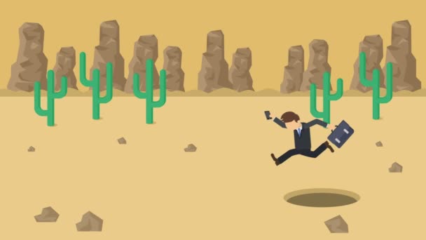 ビジネスマンが歩いてる丘の上の砂漠の穴を飛び越える キャニオン荒野だ罠にはまるんだビジネスコンセプト ループアニメーション — ストック動画