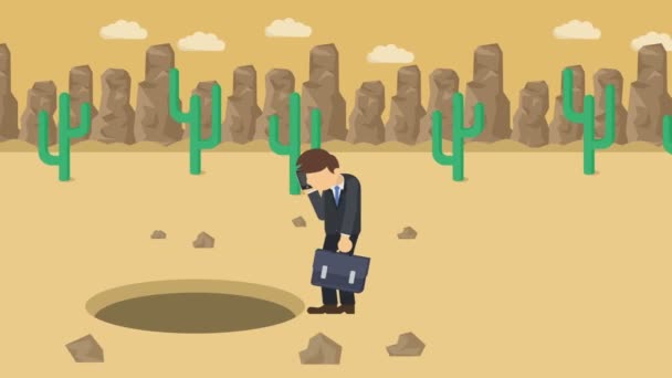 Businessman Walking Jump Hole Desert Hill Canyon Wilderness Get Caught — Stock Video