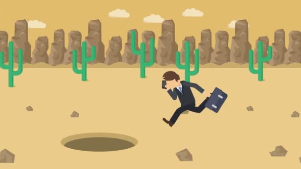 Homem Negócios Andar Salte Sobre Buraco Deserto Sobre Colina Canyon — Vídeo de Stock