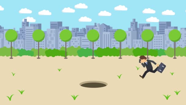 사업가걷기 공원의 구멍을 넘는다 현장입니다 스카이라인 함정에 빠진다 컨셉이야 애니메이션 — 비디오