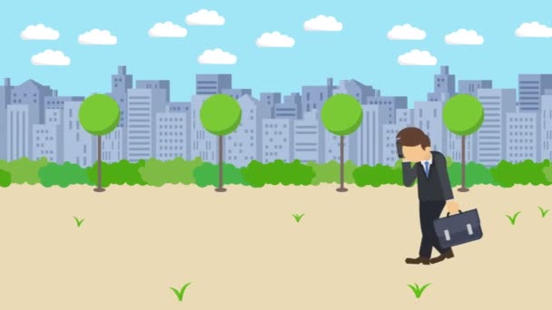 商人在走路 掉进现代城市公园的洞里 菲尔德 天际线大楼 被夹在陷阱里 商业概念 循环动画 — 图库视频影像