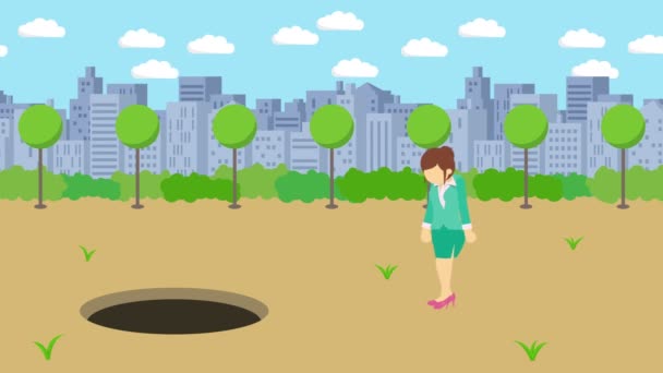 Businesswoman Walking Fall Hole Modern City Park Field Skyline Building — Stock Video