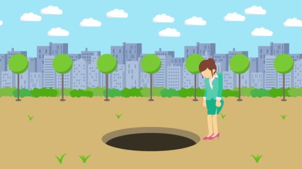 Безробітна Жінка Йде Пішки Впадає Нору Сучасного Міського Парку Філд — стокове відео
