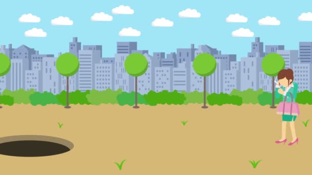 女商人走路 掉进现代城市公园的洞里 菲尔德 天际线大楼被夹在陷阱里商业概念 循环动画 — 图库视频影像