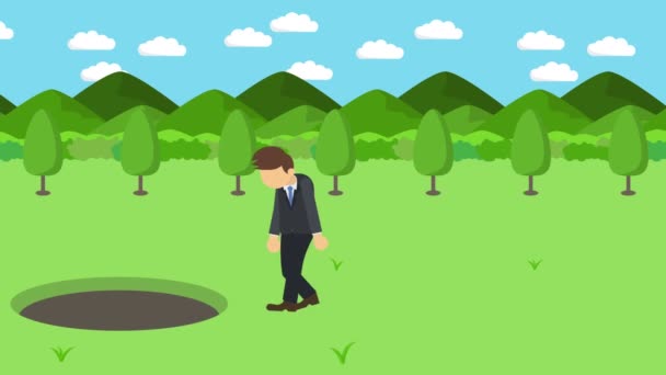 商人在走路 爬过布满群山的草地的洞口 被夹在陷阱里商业概念 循环动画 — 图库视频影像