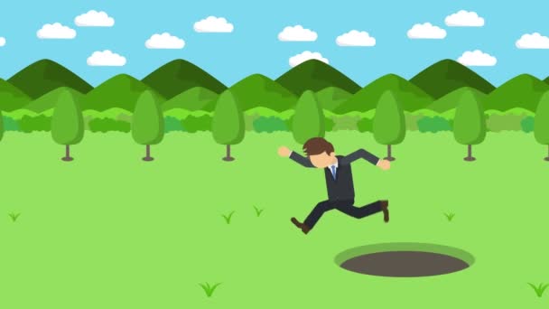 사업가걷기 초원의 구멍을 넘는다 야생의 함정에 빠진다 컨셉이야 애니메이션 — 비디오