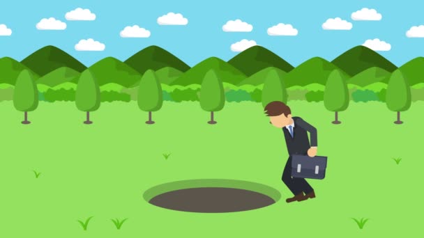 商人在走路 掉进高山草场的洞里去 被夹在陷阱里商业概念 循环动画 — 图库视频影像