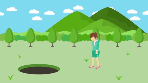 女商人走路 掉进高山草场的洞里去 被夹在陷阱里商业概念 循环动画 — 图库视频影像