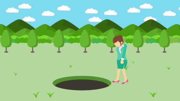 女商人走路 掉进高山草场的洞里去 被夹在陷阱里商业概念 循环动画 — 图库视频影像