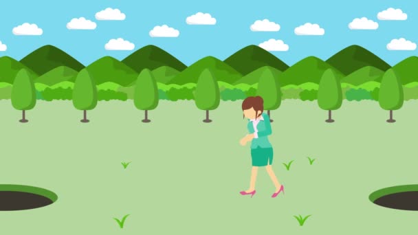 Деловая Женщина Гуляет Прыгать Через Луга Горами Дикая Трава Попасть — стоковое видео