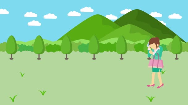 Femme d'affaires marchant. Tomber dans le trou des prairies avec des montagnes. Herbe sauvage. Être pris dans un piège. Concept d'entreprise. Animation en boucle .