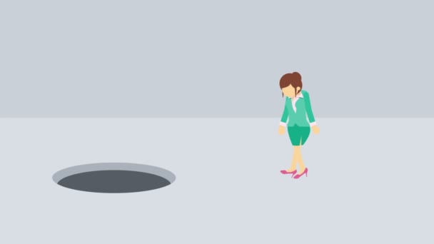 女商人走路 掉进空荡荡的现代办公室的洞里 办公空间 被夹在陷阱里商业概念 循环动画 — 图库视频影像