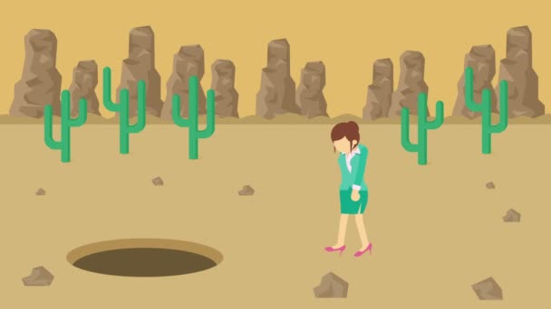 Mulher Negócios Andar Cair Buraco Deserto Sobre Colina Canyon Selvagem — Vídeo de Stock
