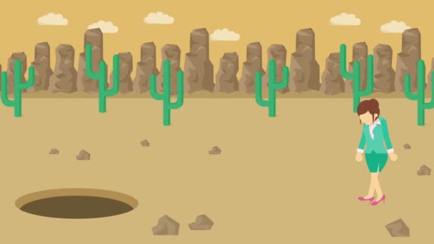 女商人走路 掉进山上的沙漠里去 Canyon 被夹在陷阱里商业概念 循环动画 — 图库视频影像