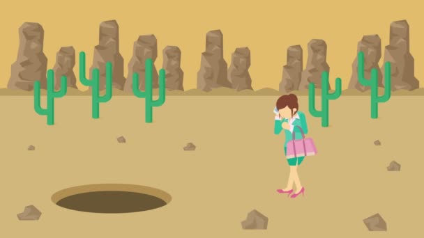 사업가걷기 언덕을 사막의 구멍으로 떨어집니다 캐니언 함정에 빠진다 컨셉이야 애니메이션 — 비디오