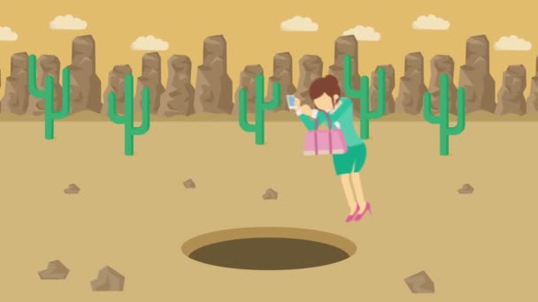 女商人走路 掉进山上的沙漠里去 Canyon 被夹在陷阱里商业概念 循环动画 — 图库视频影像