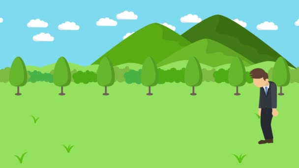 Un homme d'affaires marche. Tomber dans le trou des prairies avec des montagnes. Herbe sauvage. Être pris dans un piège. Concept d'entreprise. Animation en boucle .