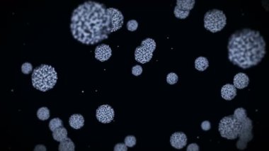 Küre şeklinde bir virüs hücresi. Enfeksiyona neden olan patojenik virüsler. İnsan virüsünün döngüsel animasyonu. Bakteriyel mikroorganizma. Virüs salgını.