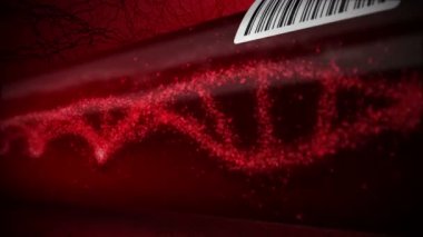 Test tüpünde kırmızı kan olan DNA molekülü. Kan testi ekipmanları. Döngü animasyonu. Tıbbi konsept. 3D rending ven ve arter.