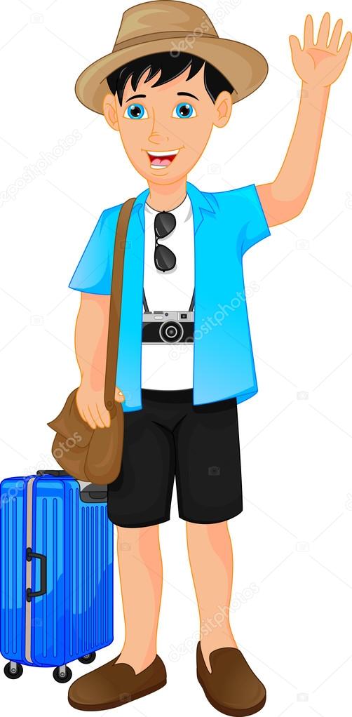 turista niño dibujos animados agitando — Vector de stock