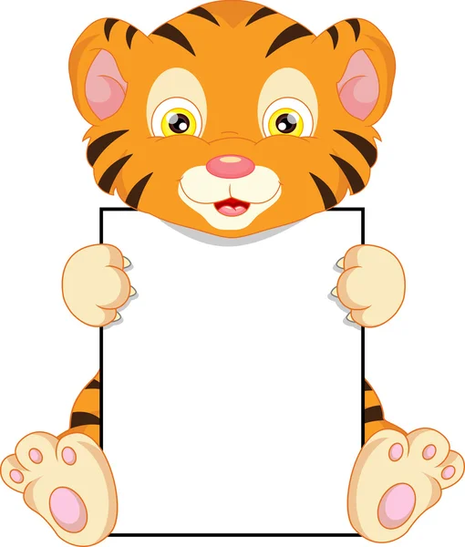 Lindo bebé tigre de dibujos animados y signo en blanco — Vector de stock