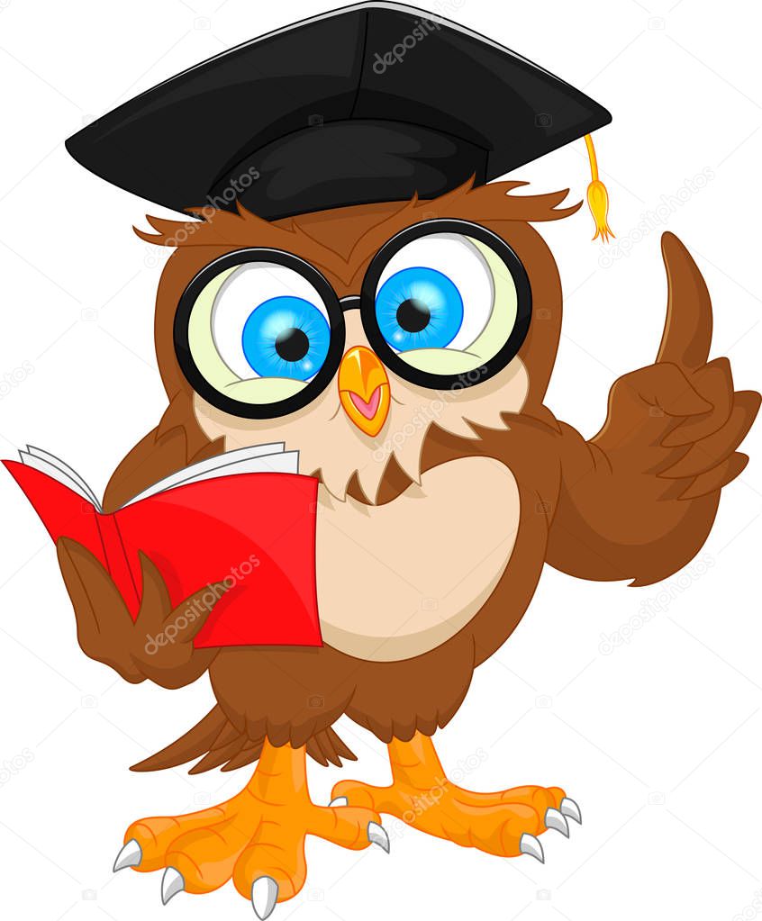 owl wearing graduation cap and reading book