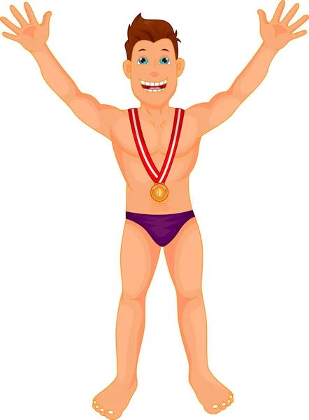 Menino nadador celebra sua medalha de ouro —  Vetores de Stock