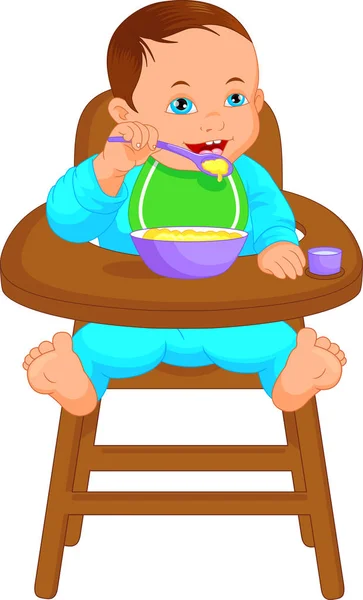 Baby boy eating baby food — Stock Vector