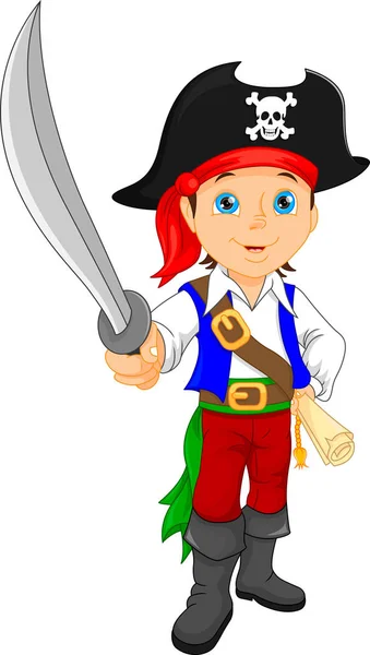 Pirata chico sosteniendo espada — Vector de stock