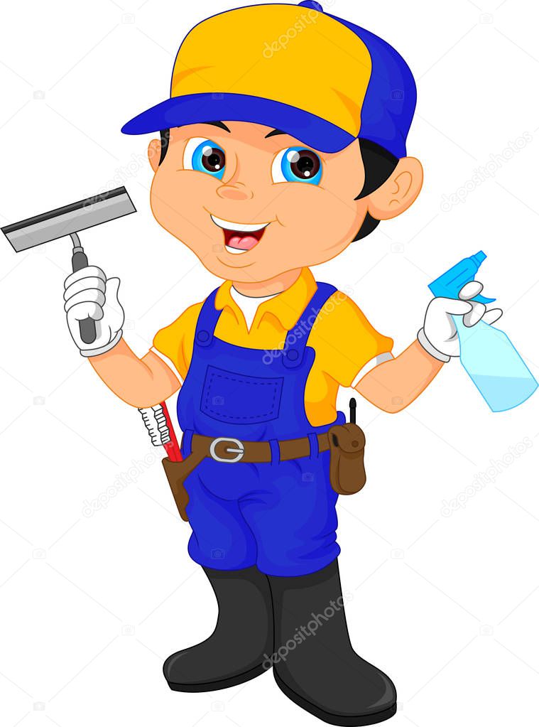 boy janitor in a blue suit holding cleaning tools