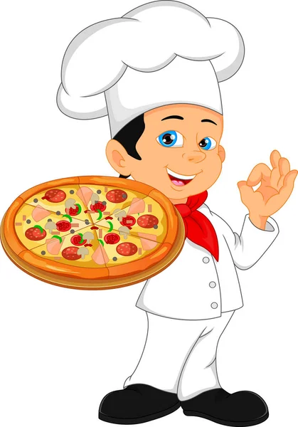 Ragazzo chef cartone animato con pizza — Vettoriale Stock